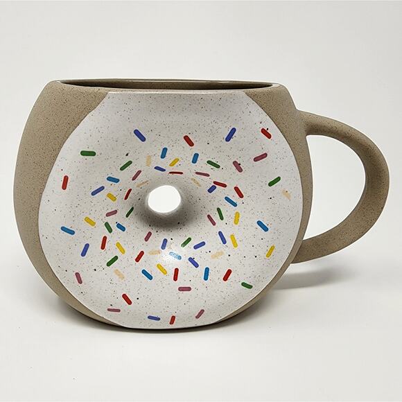 Urban Outfitters Coffee Mug UO Home Donut Hole with Sprinkles Ceramic Tan White - Picture 1 of 7